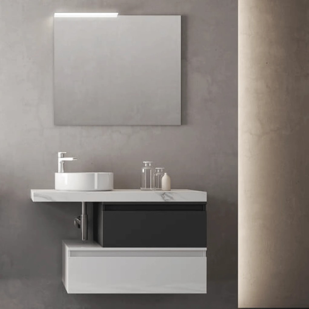Mobile Bagno Sospeso 100 Cm Due Cassetti Mensolone Top Specchio Con Lampada Led 100x70 Cm Savini "Ninfa"