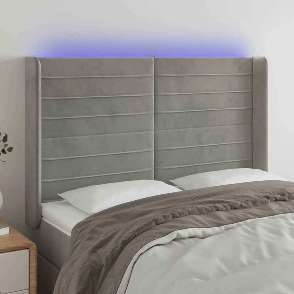 Testiera A Led Grigio Chiaro 147x16x118/128 Cm İn Velluto /