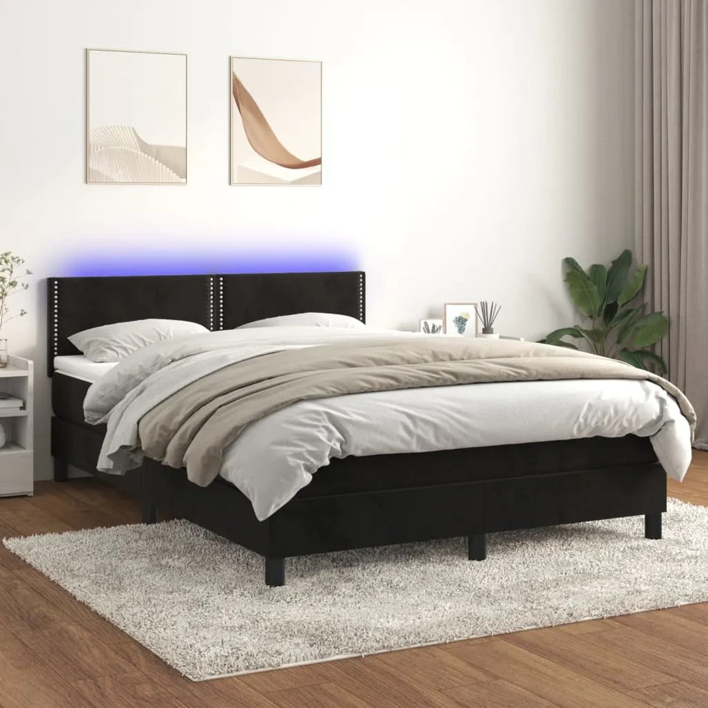 Letto a Molle con Materasso e LED Nero 140x190 cm in Velluto