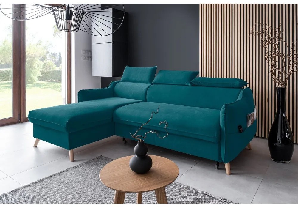 Divano letto angolare in velluto turchese (angolo sinistro) Sweet Harmony - Miuform