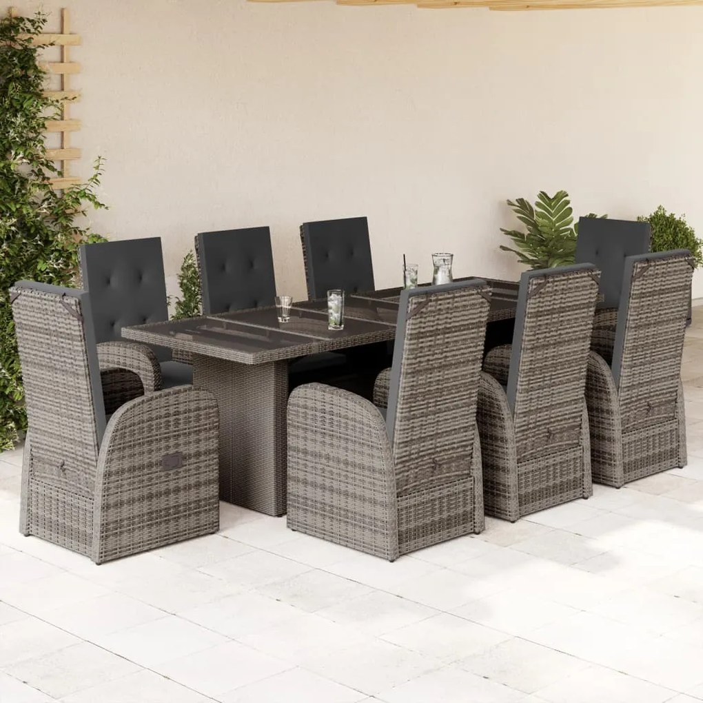 Set da pranzo da giardino 9 pz con cuscini in polyrattan grigio