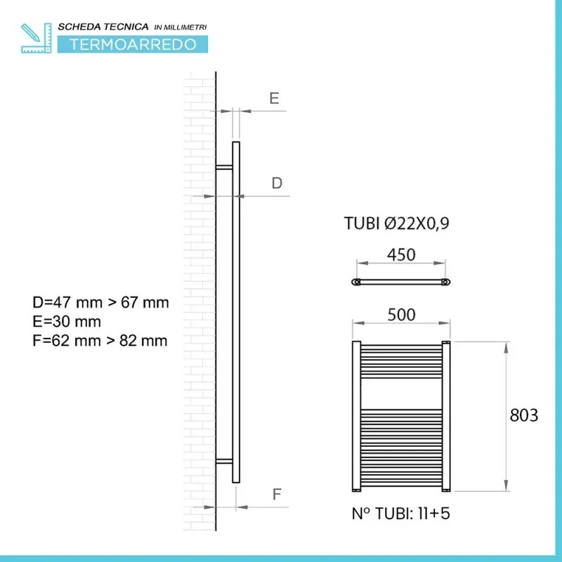 Termoarredo radiatore verticale bianco L 50x80 interasse 45 cm