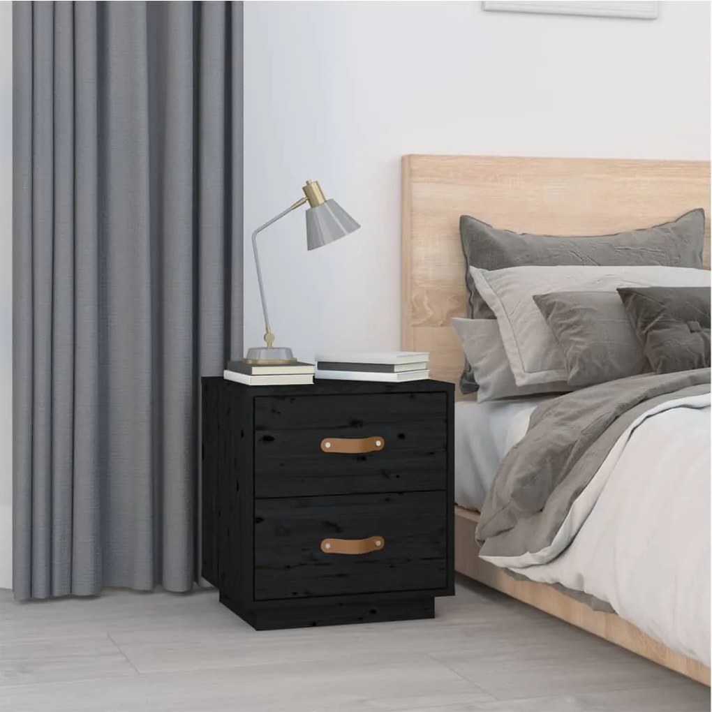 Comodino Nero 40x34x45 Cm İn Legno Massello Di Pino /