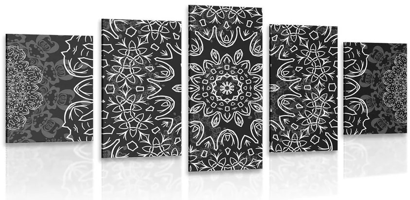 Quadri 5 pezzi – Mandala con motivo astratto in bianco e nero