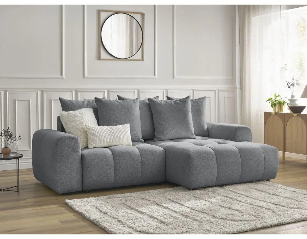 Divano angolare grigio allungabile/con contenitore (con penisola a destra/con chaise lounge) con rivestimento in ciniglia Roxelane – Bobochic Paris