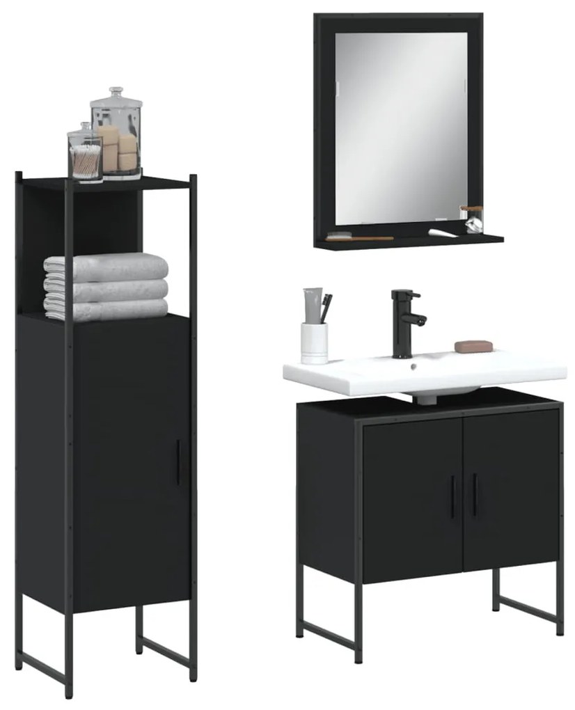 Set Di Mobili Da Bagno 3 Pz Nero İn Legno Multistrato /