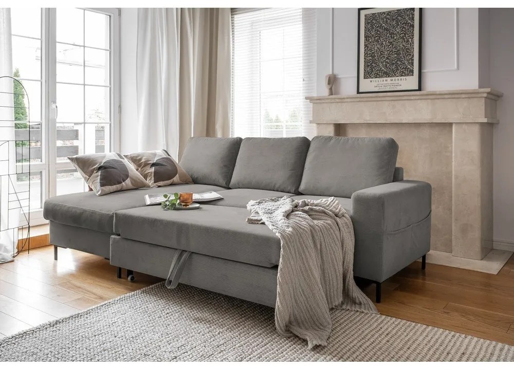 Divano letto in velluto a coste grigio (angolo sinistro) Lofty Lilly - Miuform