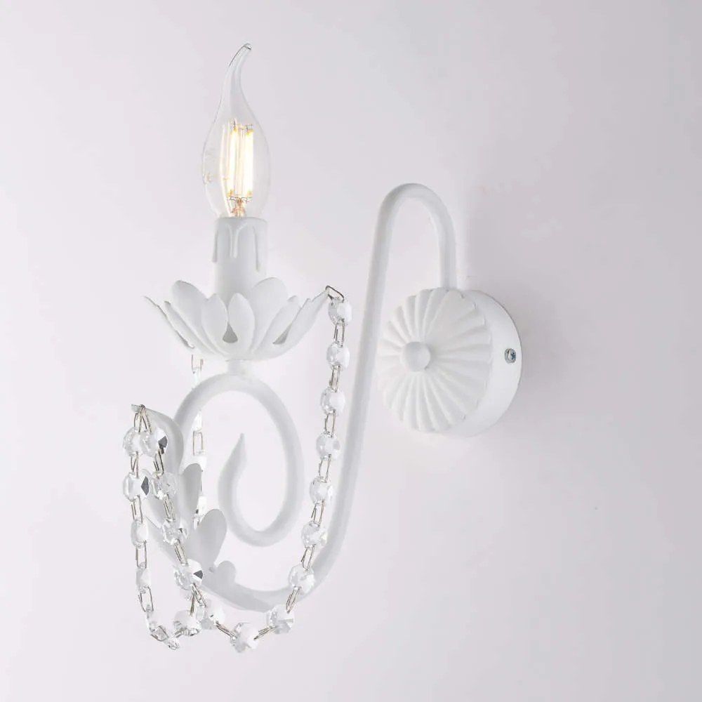 Bonetti Illumina Applique in ferro laccato bianco con decorazione effetto shabby chic e strass in cristallo 1 luce