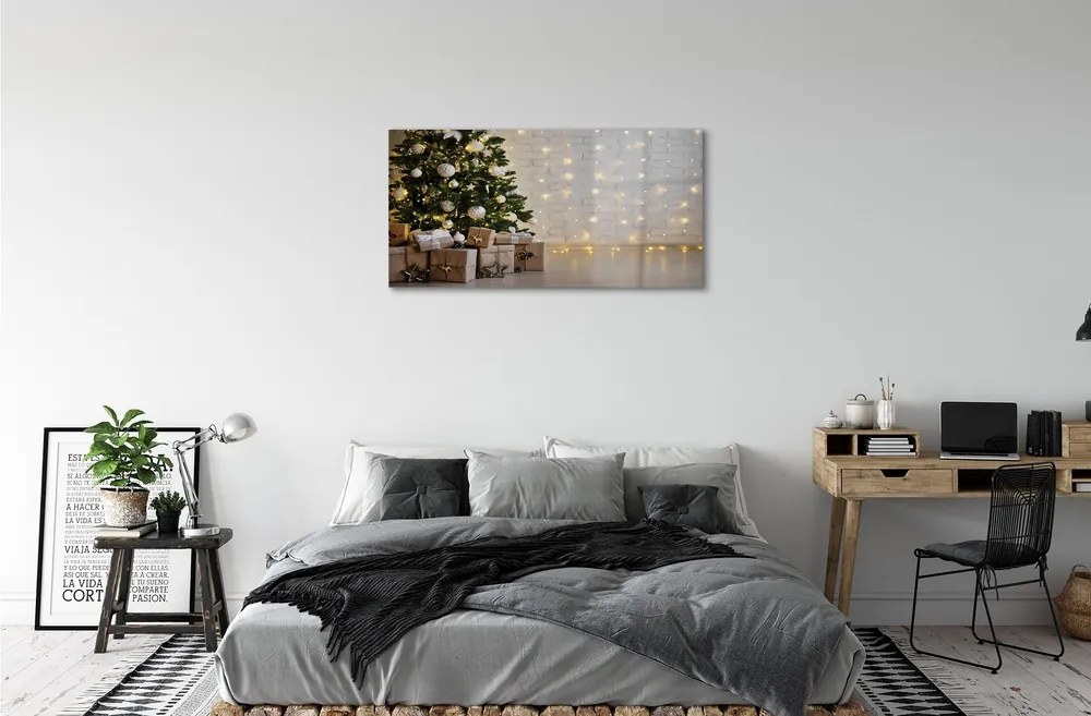 Quadro di vetro Alberi di natale, decorazioni e regali 100x50 cm