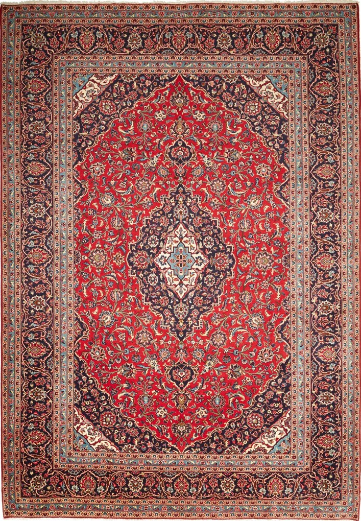Kashan Tappeto 350x250 Blu (Iran) Annodato A Mano