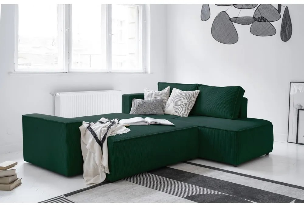 Divano letto angolare in velluto a coste verde scuro Brave Dave - Miuform