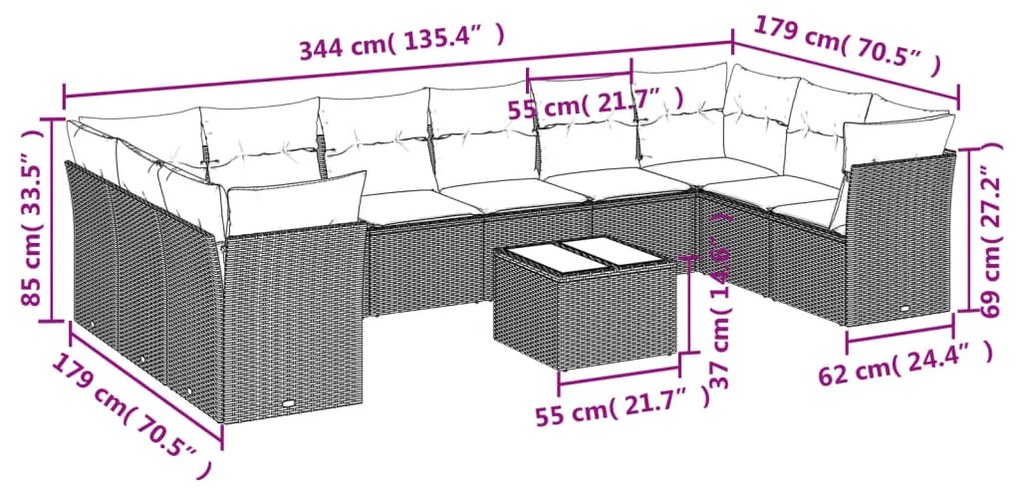 Set divani da giardino 11 pz con cuscini in polyrattan nero