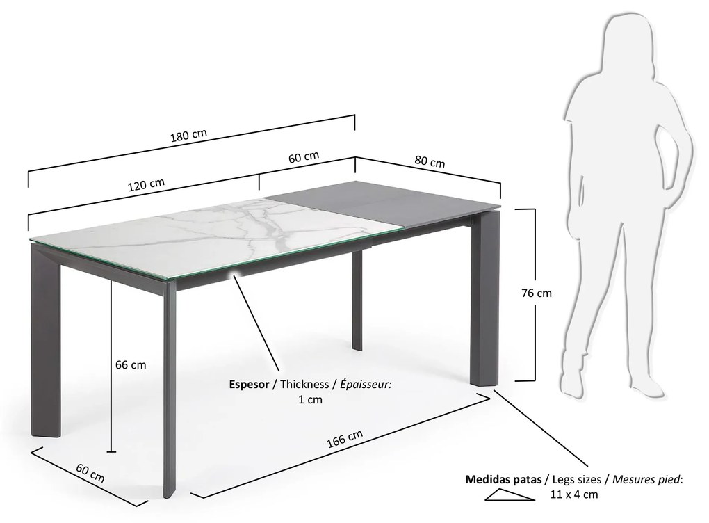 Kave Home - Tavolo allungabile Axis porcellanato Kalos Blanco finitura grigio scuro con gambe 120 (180