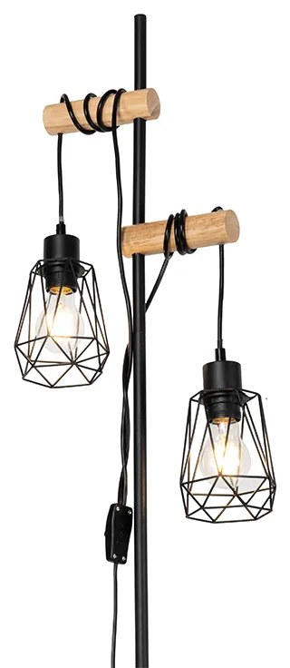Lampada da terra rustica nera con legno 2 luci con paralume - Dami Frame