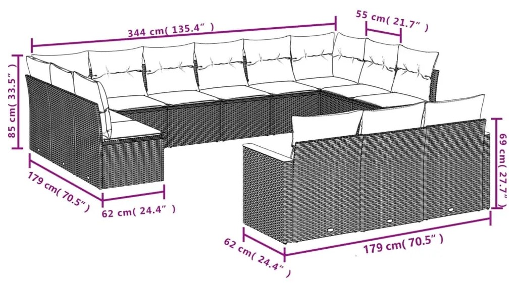 Set divano da giardino 13 pz con cuscini beige in polyrattan