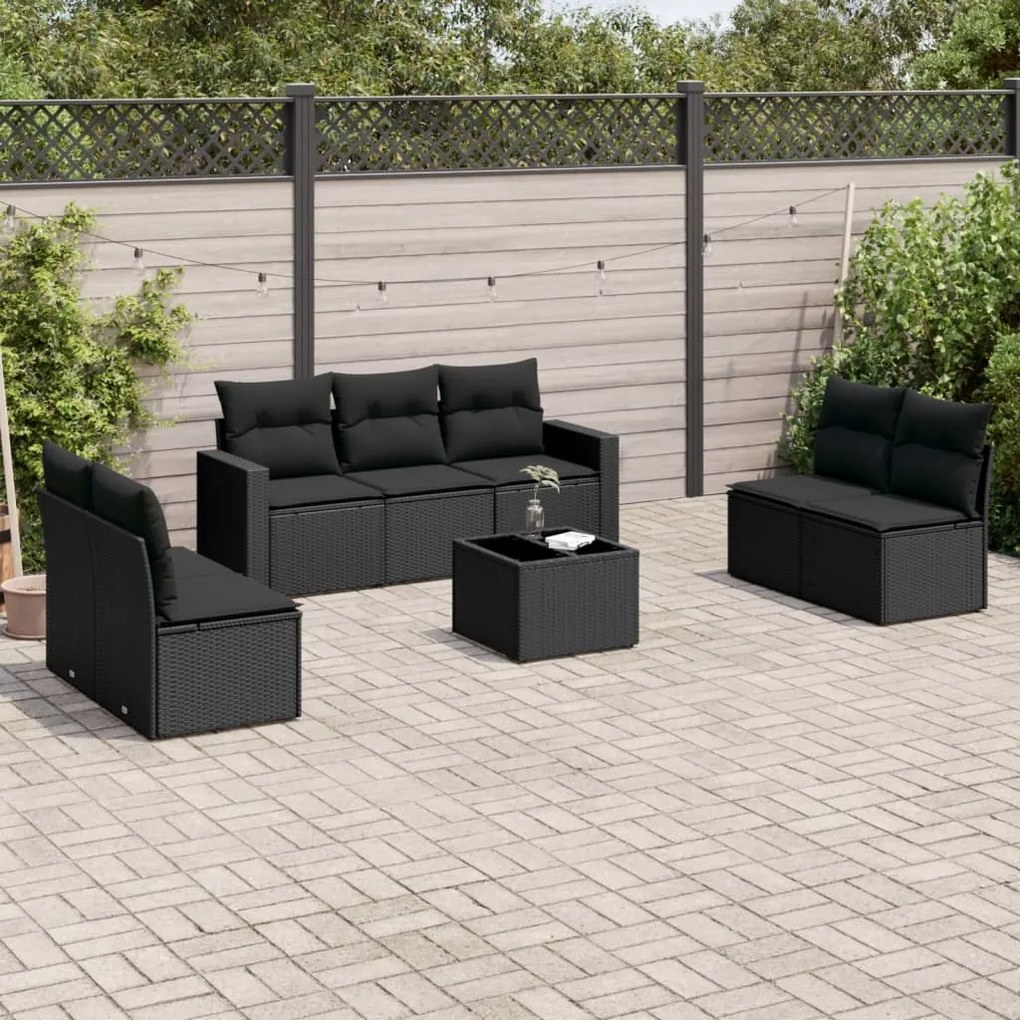 Set divani da giardino con cuscini 8 pz nero in polyrattan