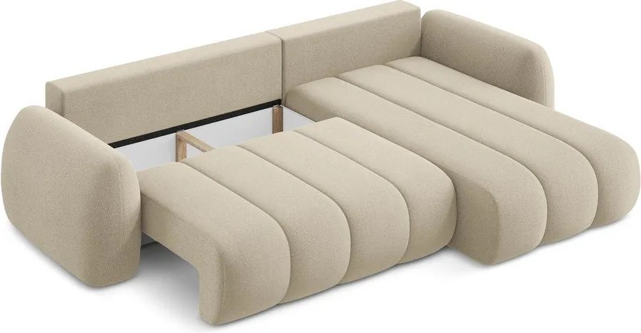 Divano angolare marrone chiaro allungabile/con contenitore (con penisola a destra/con chaise lounge) con rivestimento in bouclé Pele – Makamii