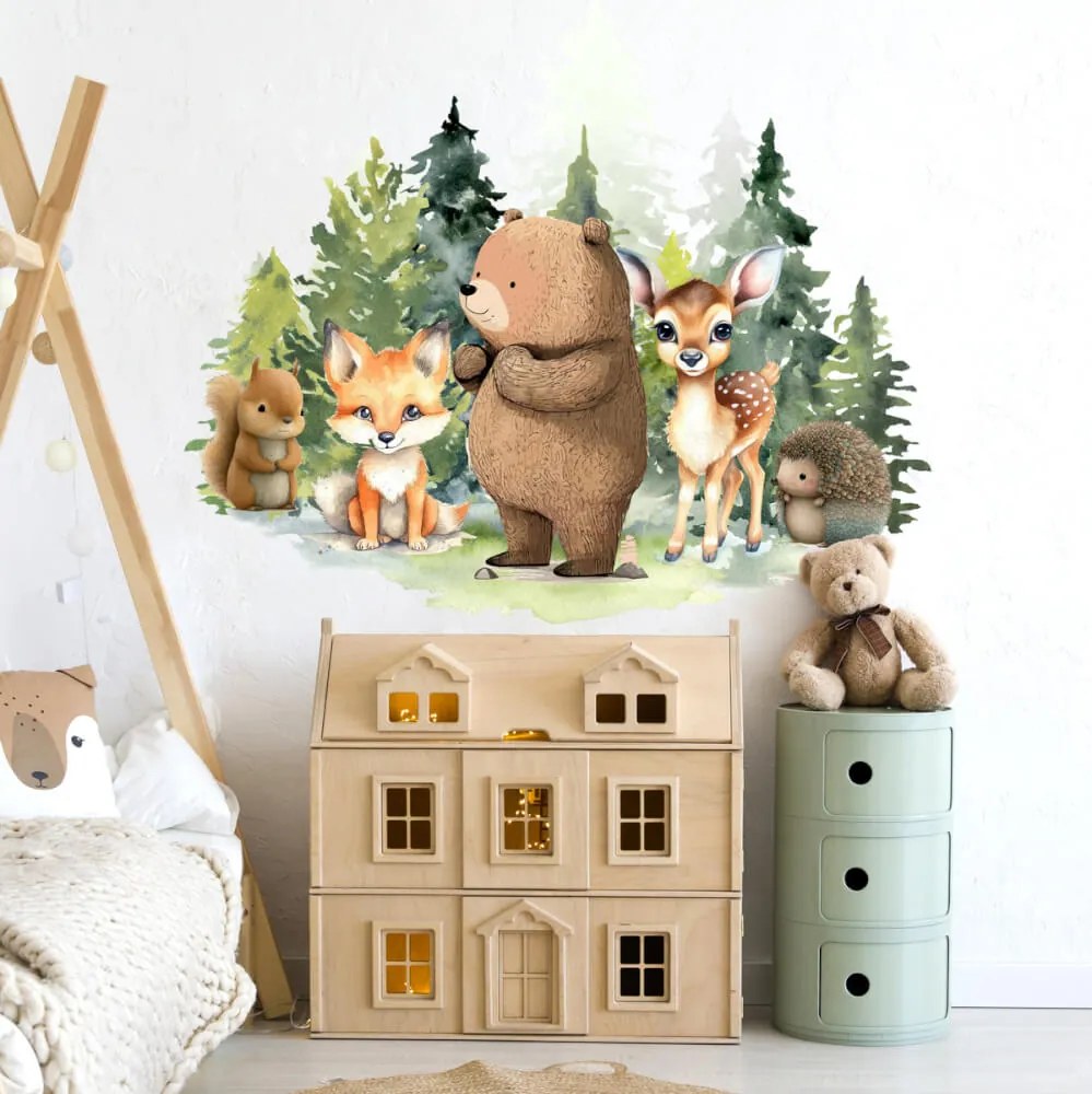 Adesivo murale per la cameretta dei bambini - Orso e animali della foresta | Inspio