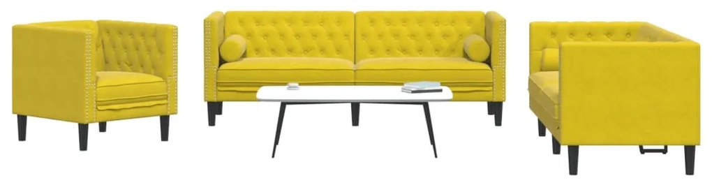 Set Divani Chesterfield 3pz Con Cuscini Giallo Velluto /