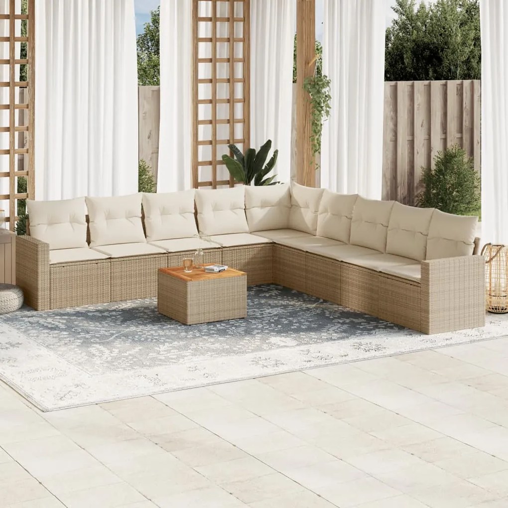 Set divano da giardino 10 pz con cuscini beige in polyrattan