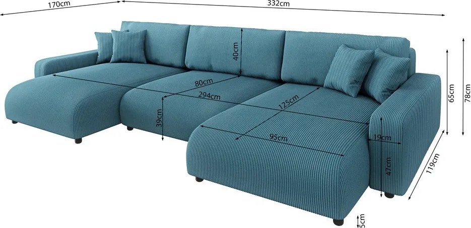 Divano angolare turchese allungabile/con contenitore (a U) con rivestimento in velluto a coste Sara – Ropez