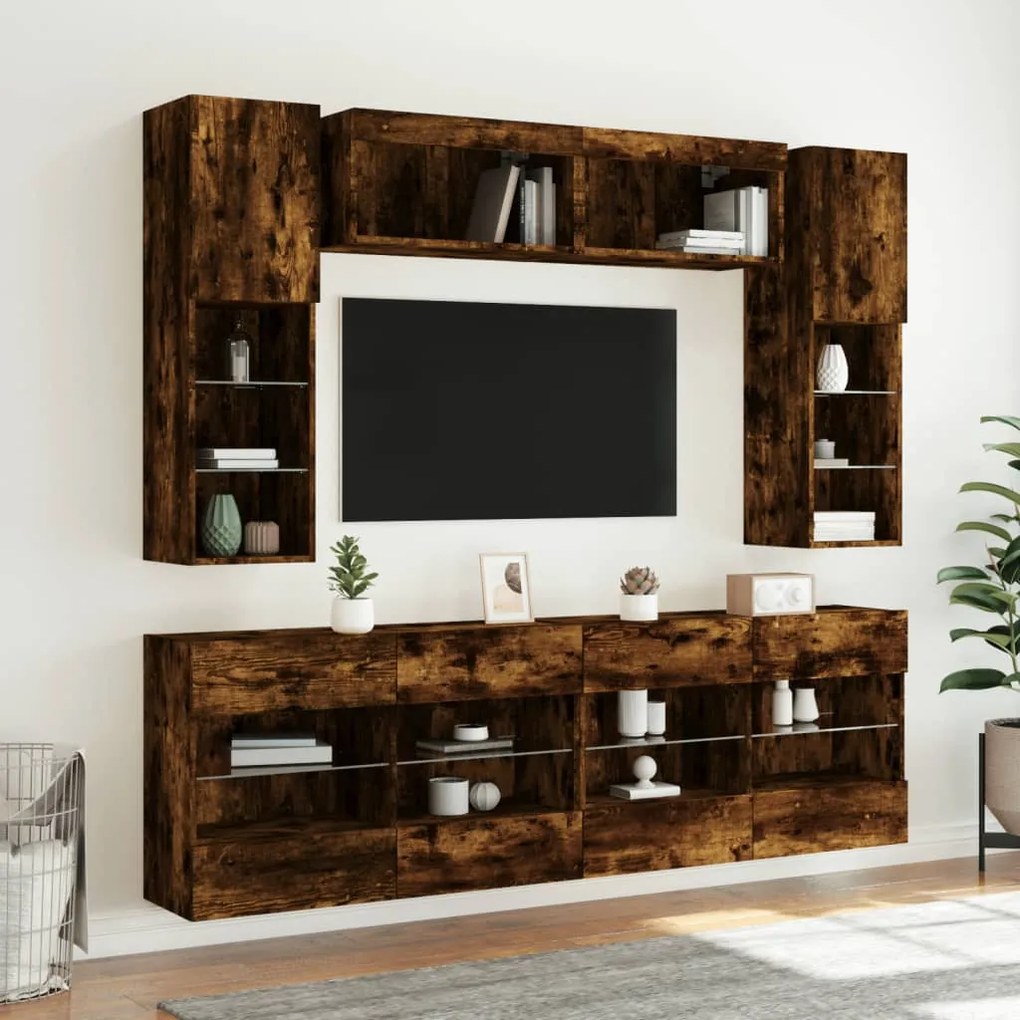 Set Mobili TV a Muro 6 pz con Luci LED Rovere Fumo