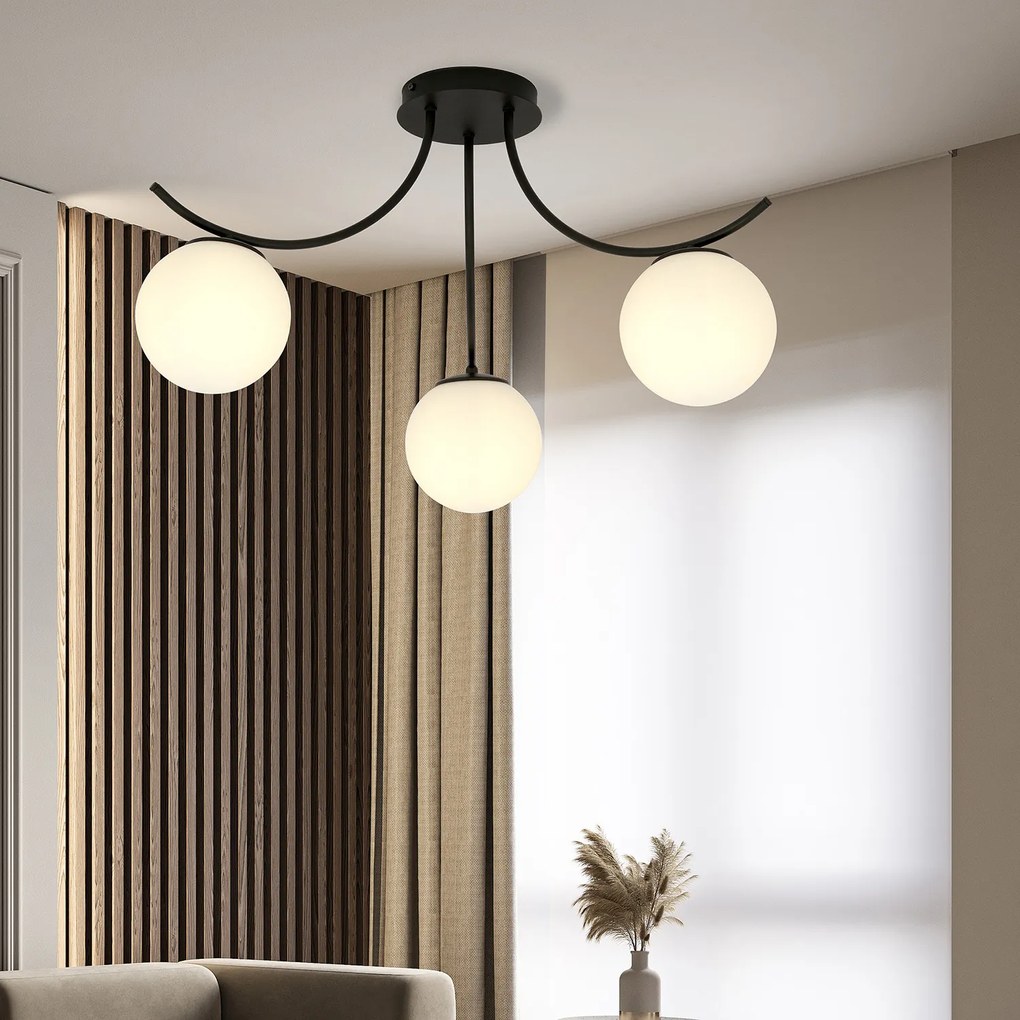 Plafoniera Moderna 3 Luci Coeo In Acciaio Nero E Diffusori In Vetro Opale