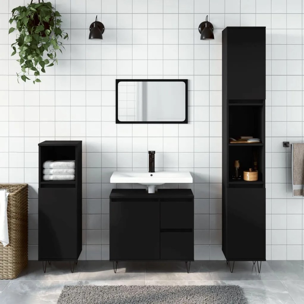 Set Mobili Da Bagno 3 Pz Nero İn Legno Multistrato /