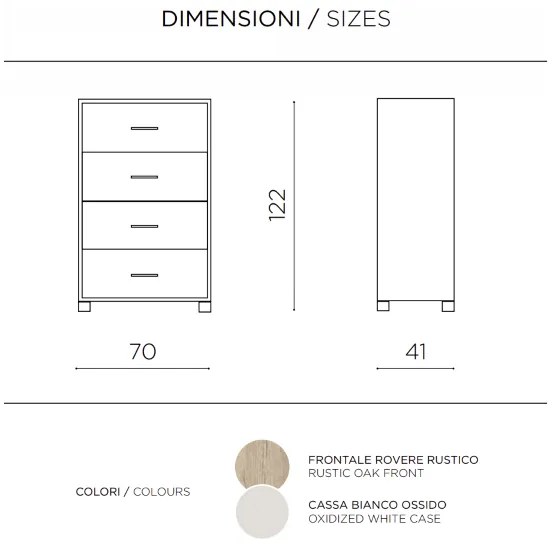 Cassettiera in legno 70x122h cm con 4 cassetti BiancoFrassinato - LUCILLA