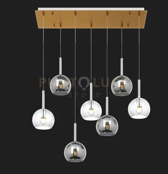 Sosp. ottone sat. rettangolare 7 luci vetri tutti piccolo (3x tr+ 4...
