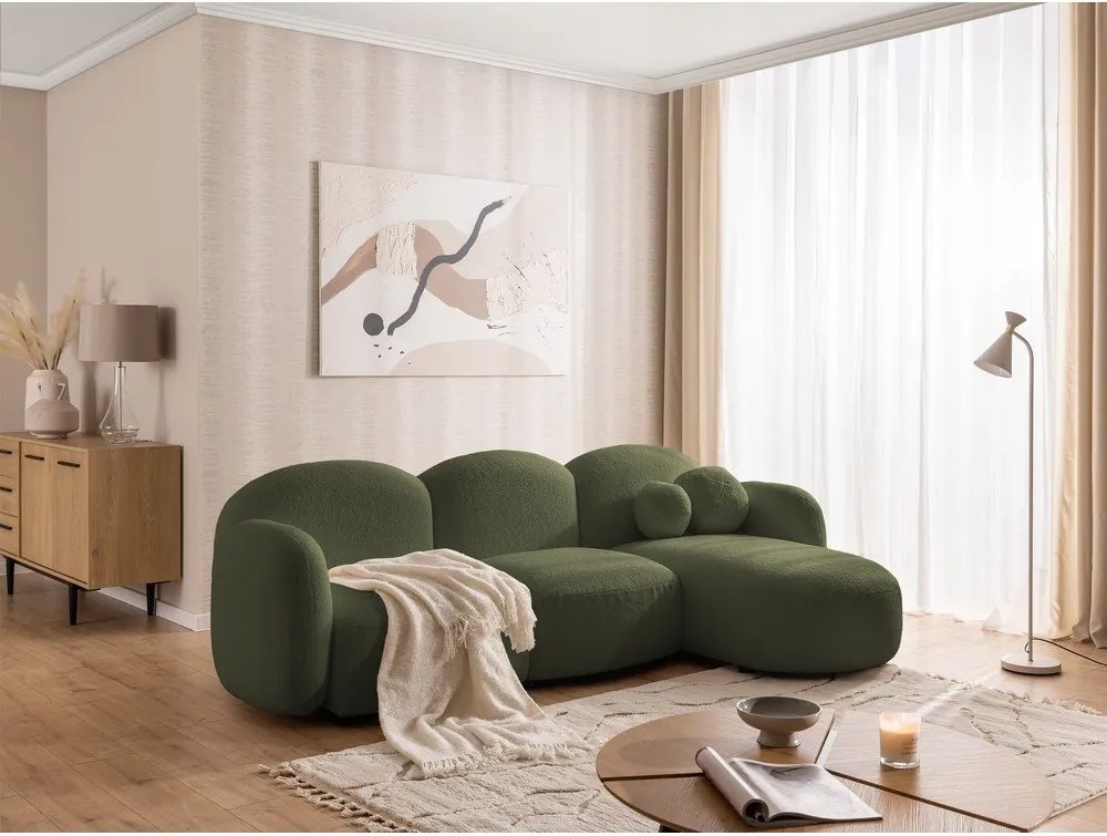 Divano angolare verde (con penisola a destra/con chaise lounge) con rivestimento in bouclé Orbit – Ropez
