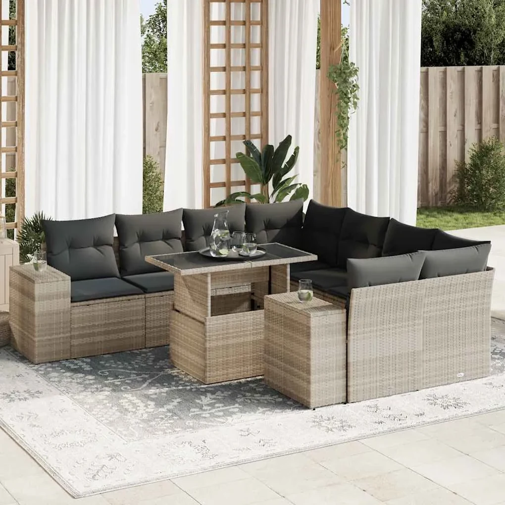 Set divano da giardino 9pz con cuscini grigio chiaro polyrattan