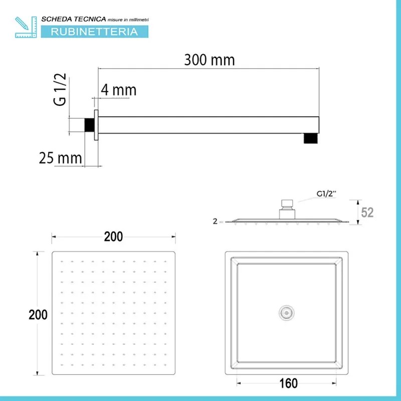 Set doccia quadrato cromo braccio 30 cm + soffione 20x20 cm acciaio inox