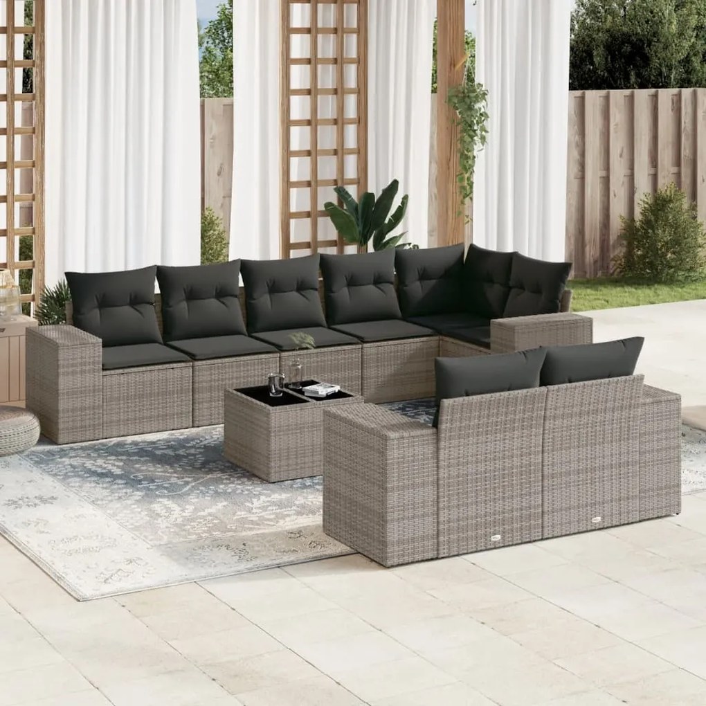 Set divano da giardino 9 pz con cuscini grigio in polyrattan