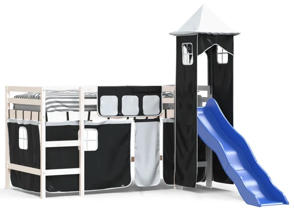 Letto a soppalco con torre bambini bianco e nero 90x190cm pino