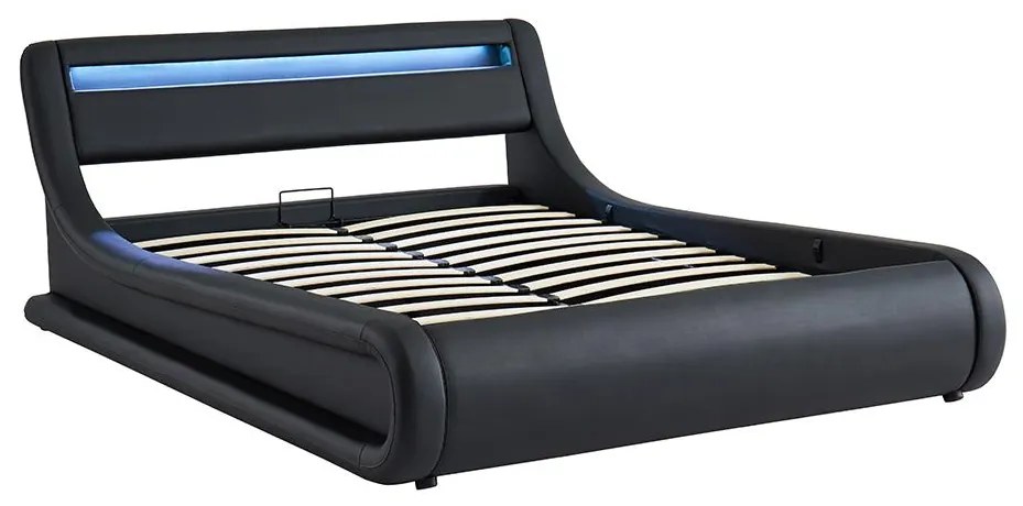 Letto matrimoniale contenitore con LED 160 x 200 cm in Similpelle Nero - IRIS