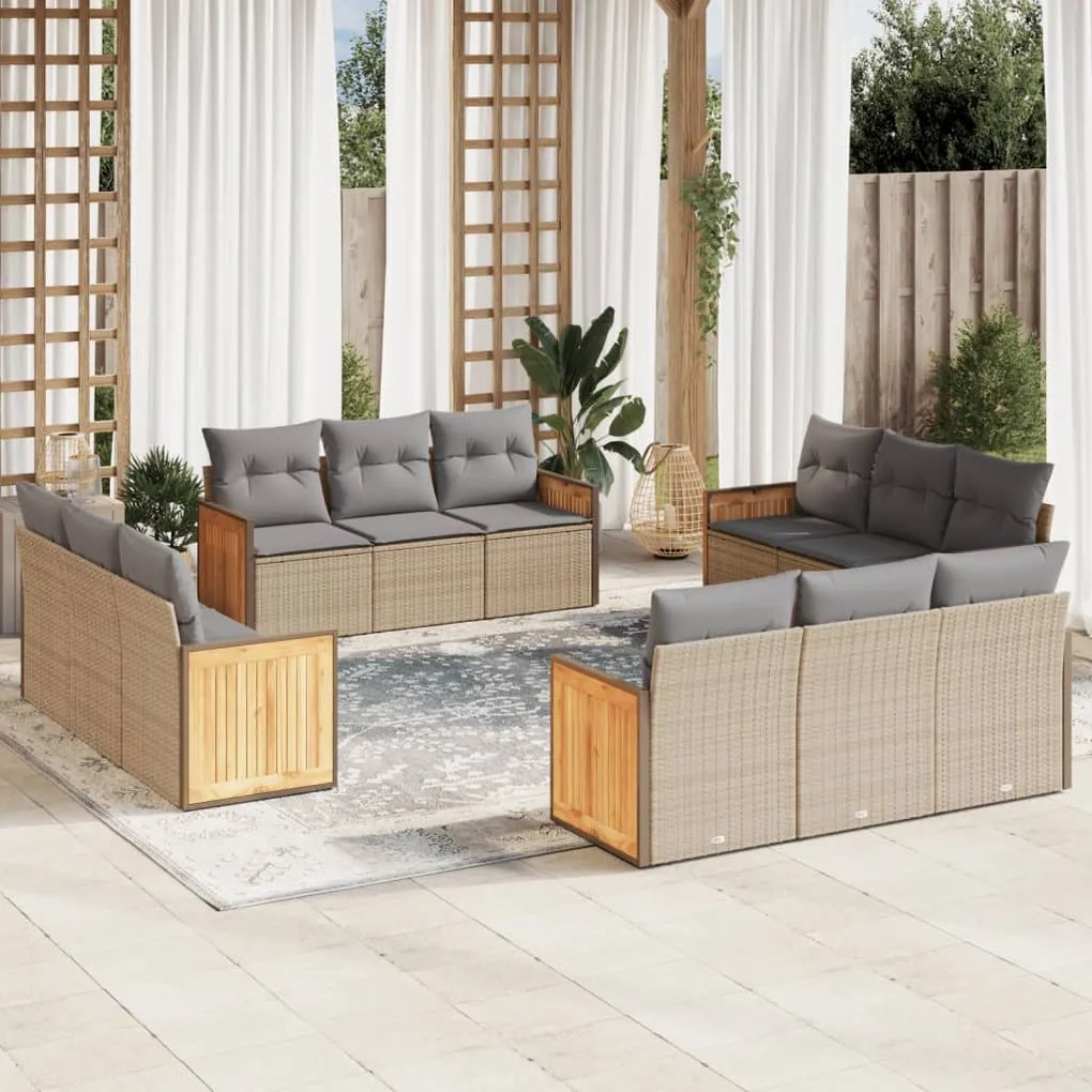 Set divani da giardino 12 pz con cuscini beige in polyrattan