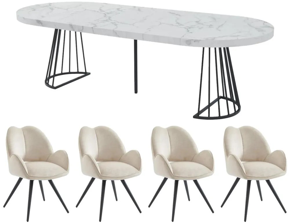 Set tavolo FIRELA + 4 sedie GULSUN Effetto marmo Bianco e Beige