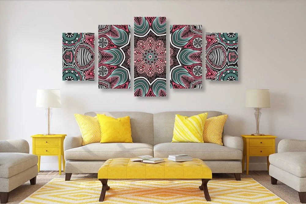 Quadri 5 pezzi – Mandala indiana con motivo floreale