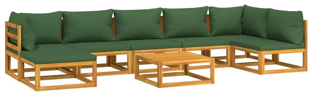 Set salotto da giardino 8pz con cuscini verdi in legno massello