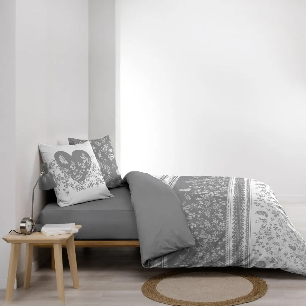 Set copripiumino e federa bianco/grigio in cotone per letto matrimoniale 200x200 cm Annie – douceur d'intérieur