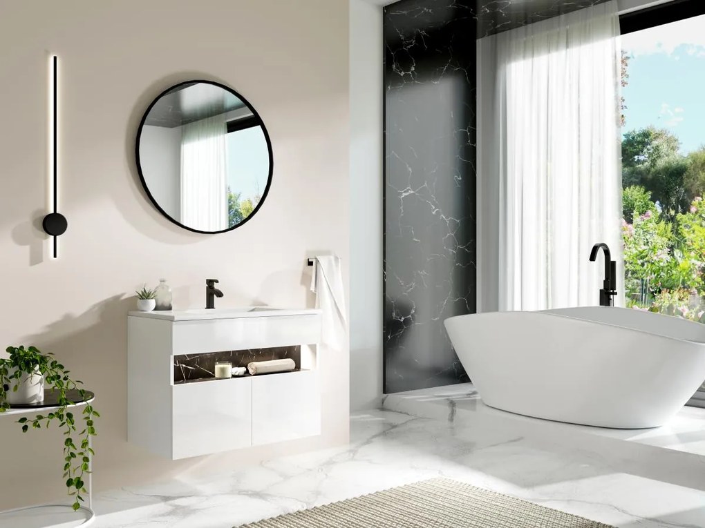 Mobile per il bagno sospeso a LED con lavabo da incasso Bianco e Nero effetto marmo L80 cm POZEGA