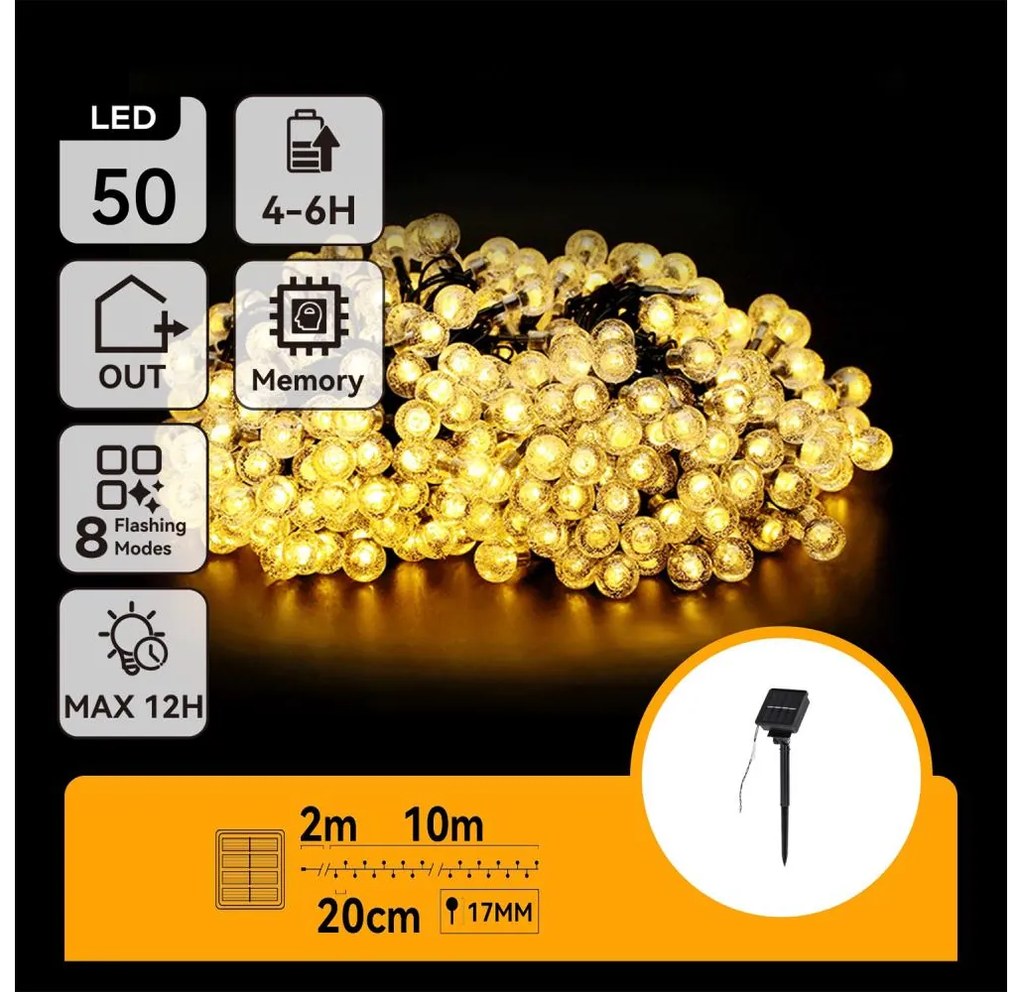 Aigostar - LED Solare catena decorativa 50xLED/8 funzioni 12m IP65 bianco caldo