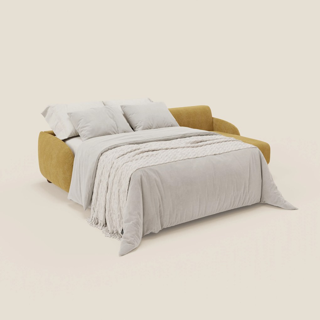 Giglio divano letto angolare con materasso alto 18 cm e penisola contenitore in morbido bouclé impermeabile T07 giallo