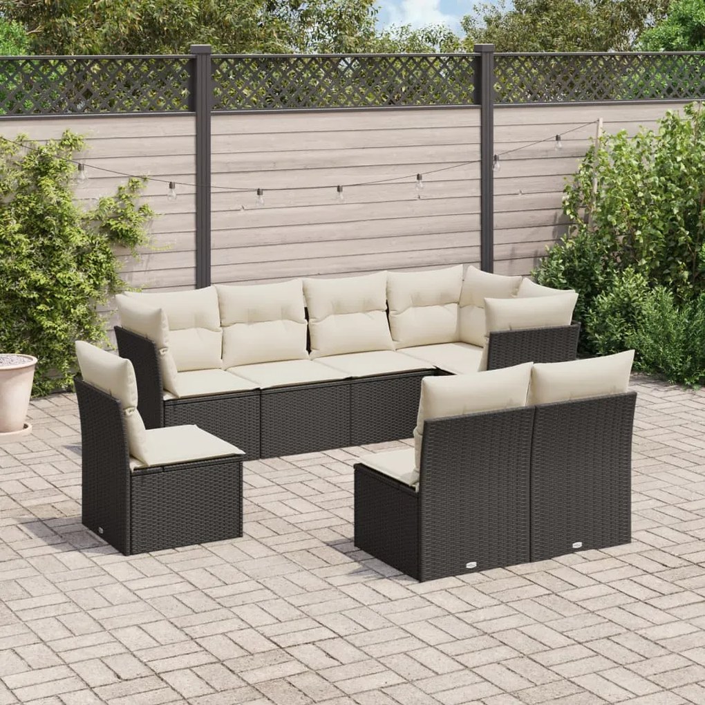 Set divani da giardino con cuscini 8 pz nero in polyrattan