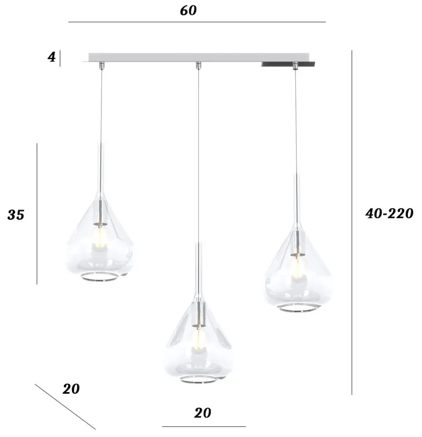 Sospensione Contemp Rett Kona Metallo Cromo Vetro Trasparente 3 Luci E27