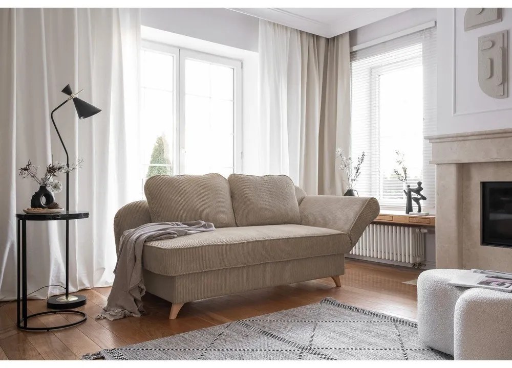 Chaise longue grigio tortora (con penisola a destra) con rivestimento in velluto a coste Chic Charlotte – Miuform