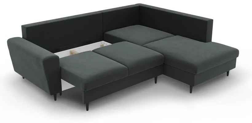 Divano angolare grigio scuro allungabile e con contenitore (con penisola a destra/a L) con rivestimento in velluto Kyoto – Cosmopolitan Design