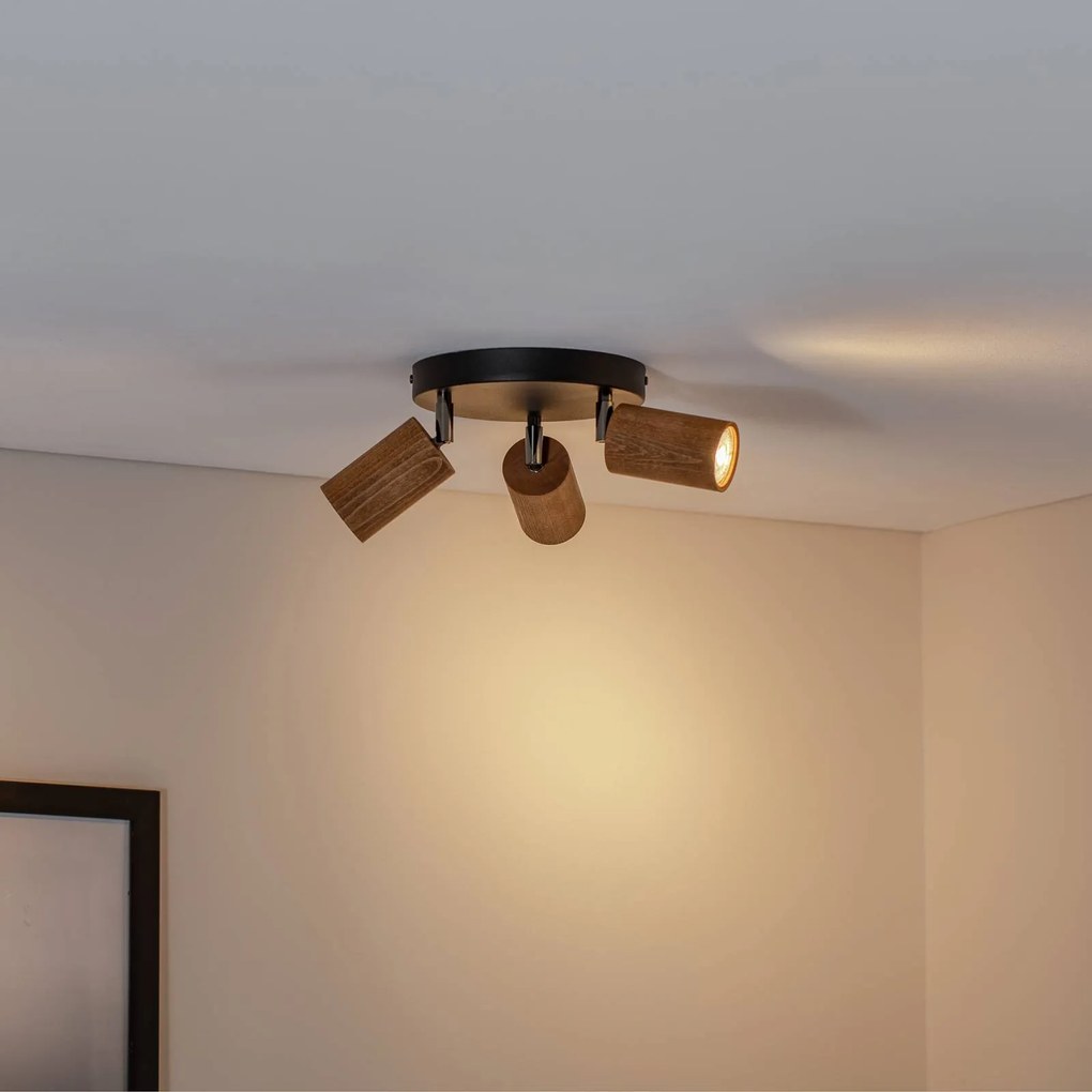 Luminex Plafoniera Nise, a 3 luci, rotonda, acciaio nero, legno