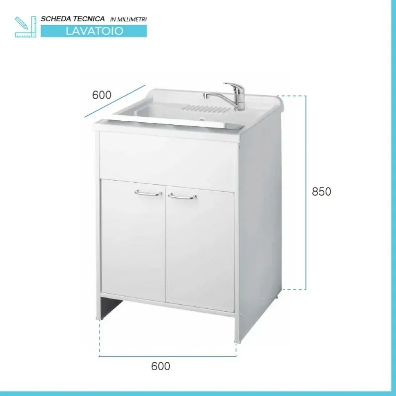 Mobile lavatoio 60x60 cm vasca in resina con asse e kit di scarico
